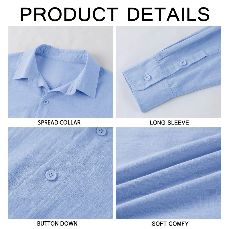 Runcati Mens Button Down Shirt Linen Cotton Shirts Casual Long Sleeve Spread Collar Lightweight Beach Plain Tops 01 Sky Blue - Image 5